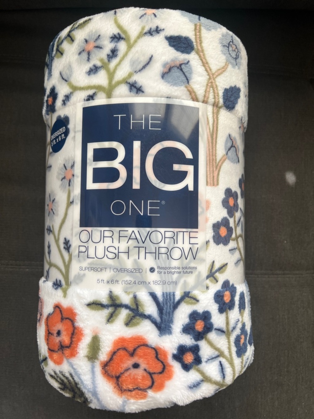 The Big One Floral Plush Throw - White with Navy & Orange Flowers